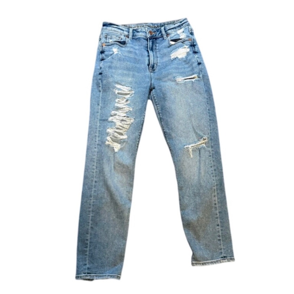 American Eagle Mom Jean Light Wash Distressed Stretch Denim Size 4 Regular
